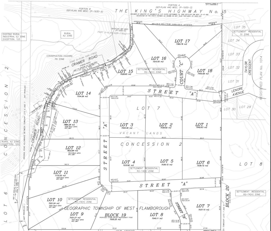 Site plan map of 655 Cramer Road development showing residential lot divisions, street layout, and surrounding areas in West Flamborough